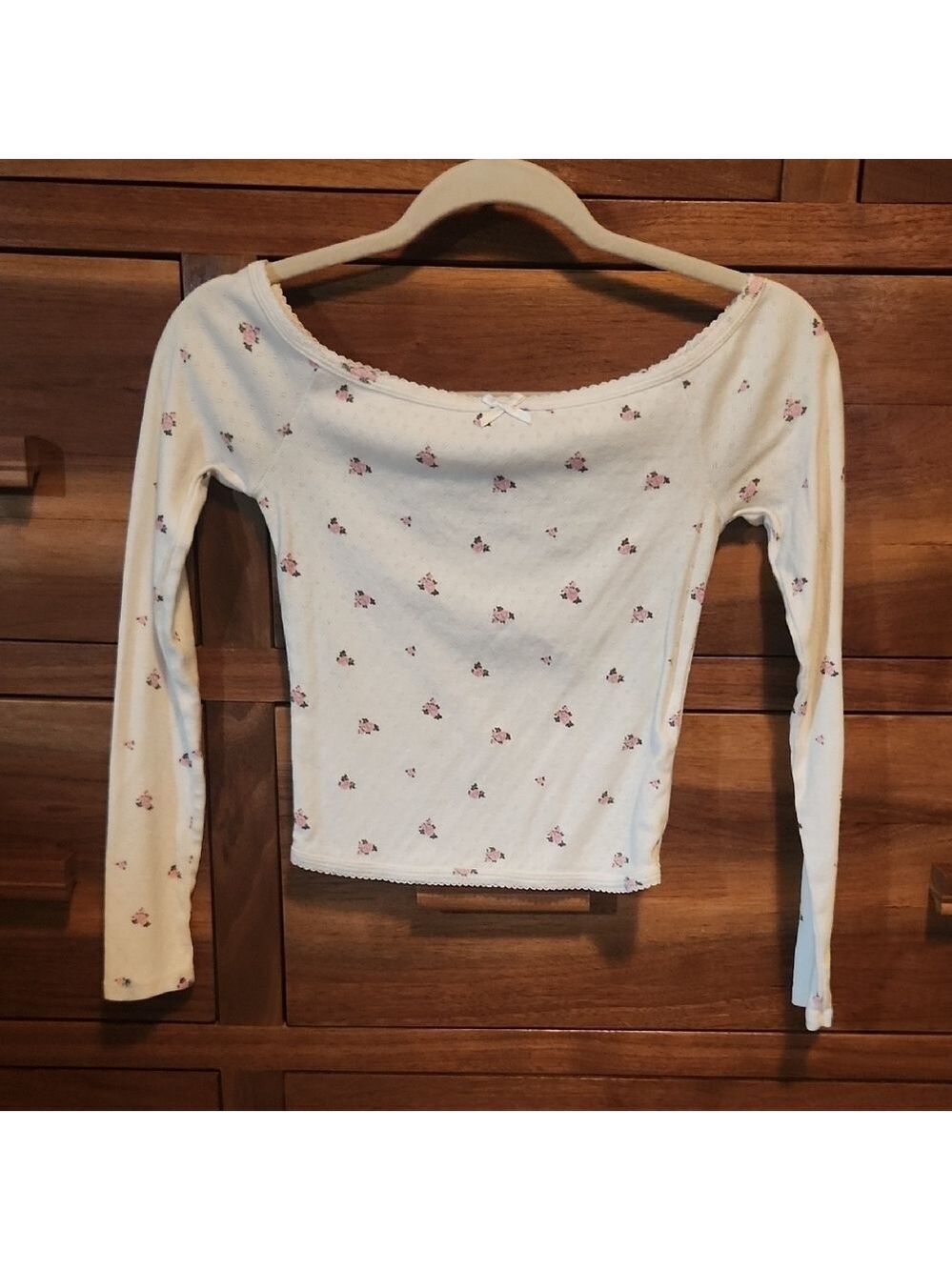 Forever 21 Floral Cottagecore Boho White Fitted Crop Blouse Long Sleeve
